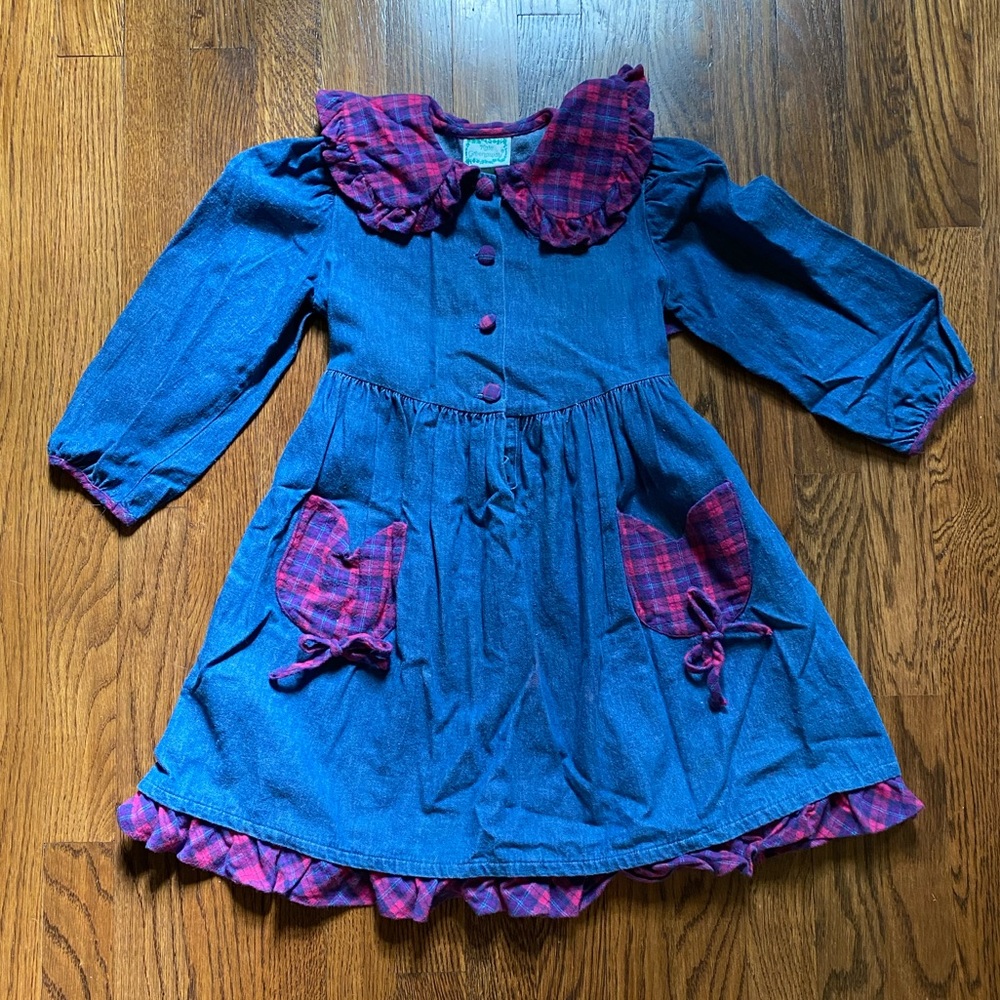 Vintage Kate Greenaway Girl’s Size 5 Denim Plaid Flannel Dress Collar USA Cotton - Picture 2 of 9